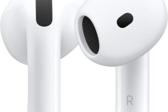 Apple AirPods 4 wireless earbuds with USB-C charging case on white background