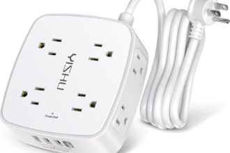 6 ft surge protector power strip with 8 outlets and 4 USB ports, white design with flat plug