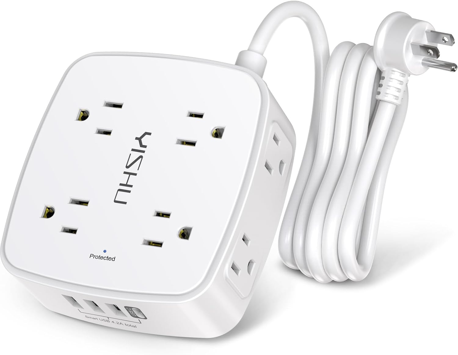 6 ft surge protector power strip with 8 outlets and 4 USB ports, white design with flat plug